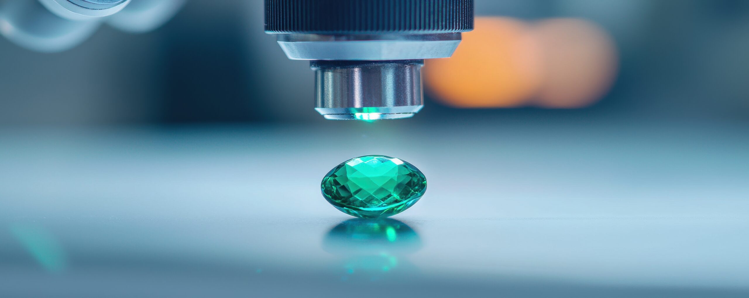 Emerald examination under microscope gemology lab gemstone analysis controlled environment close-up precision insights