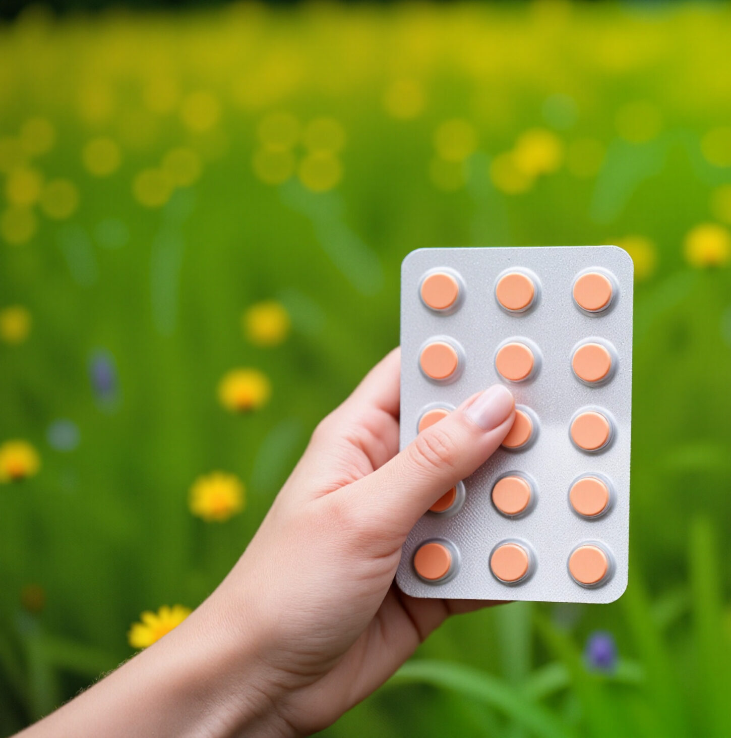 Close-up of hands holding nasal spray and antihistamine tablets in nature