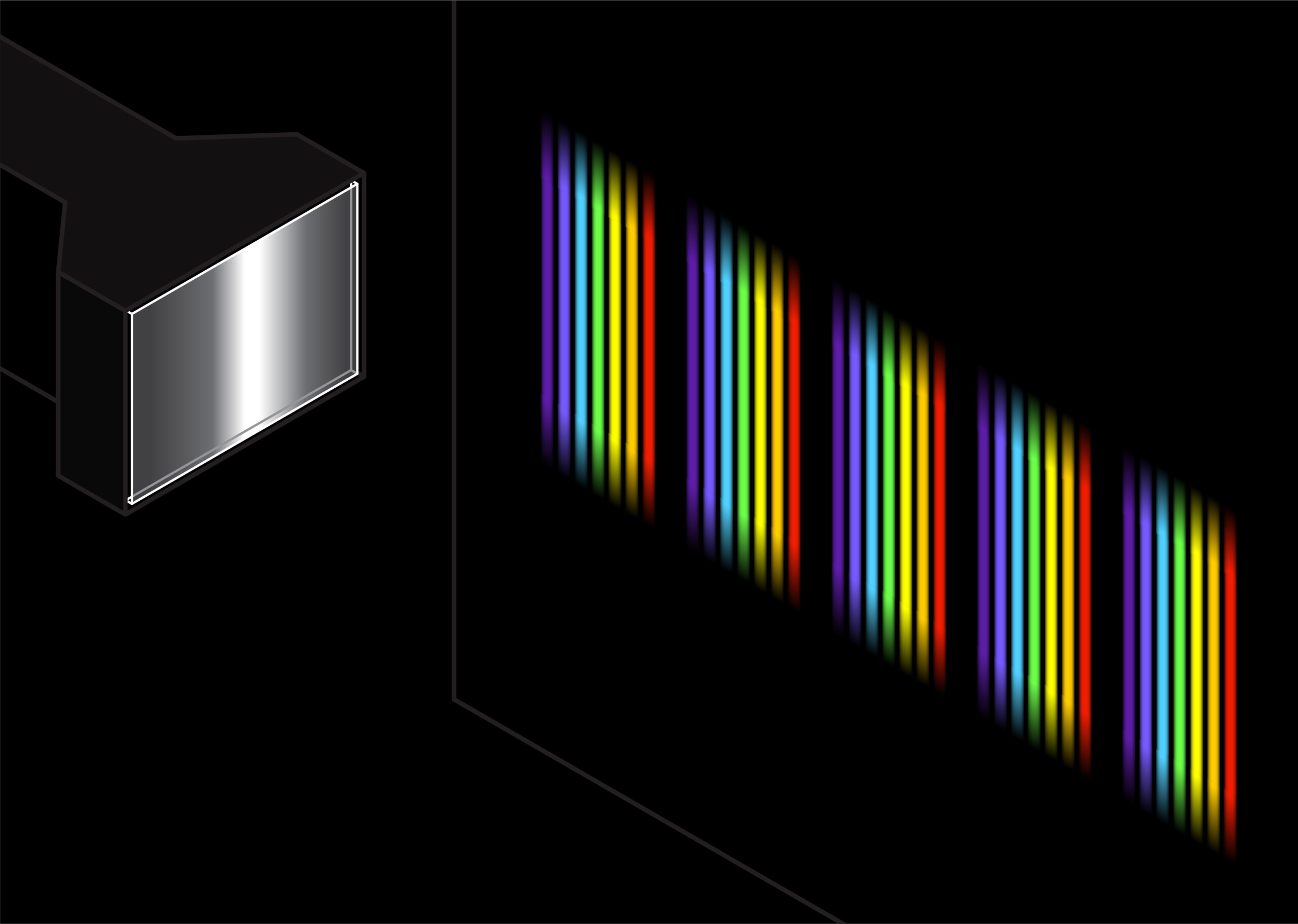 A diffraction grating splitting white light into a series of spectra. A diffraction grating splitting white light into a series of spectra.