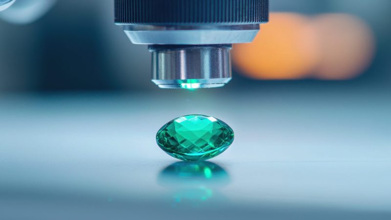 Emerald examination under microscope gemology lab gemstone analysis controlled environment close-up precision insights